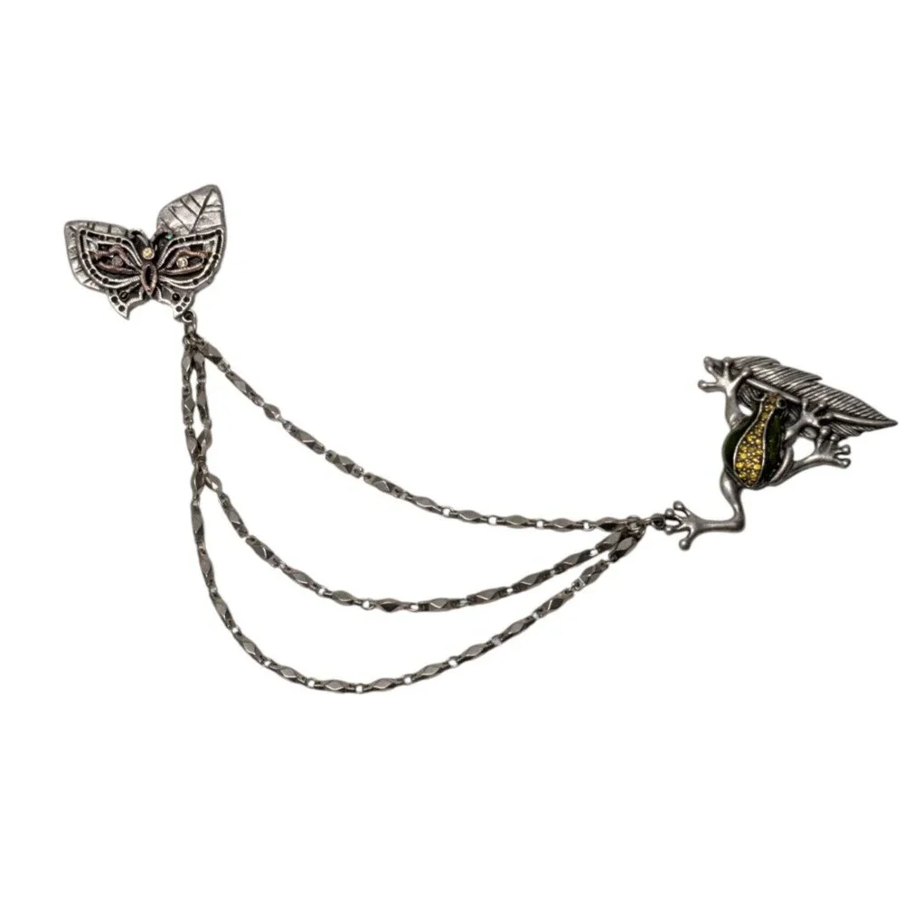 Vintage AJMO Frog Butterfly Lapel Chain Brooch Clip Pin Rhinestone Enamel